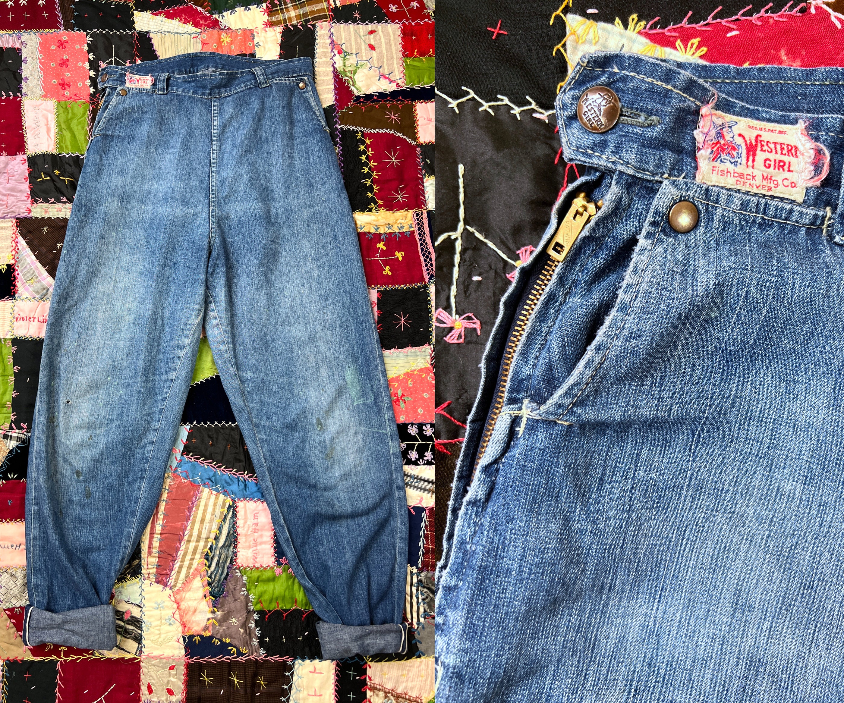 vintage 1940s jeans // western snap side zip indigo blue denim 40s - 50s  jeans // selvage edge cuffs + belt loops + perfect patina