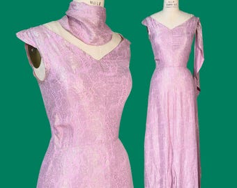 vintage 1930s gown // rose pink silk + silver lamé floral brocade 30s evening gown // convertible draped sash shoulder + train // 26" waist