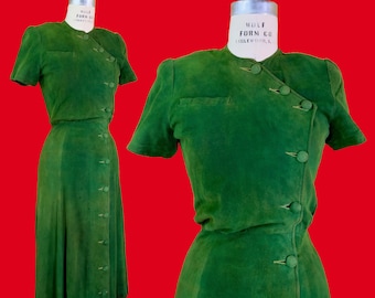 vintage 1940s dress // RARE bright green suede 40s western dress by Caljax // padded shoulders + asymmetric button-front // 26&quot; waist