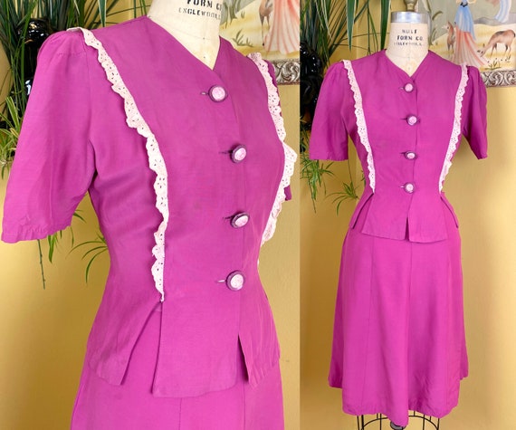 vintage 1940s dress set // fuchsia pink rayon late