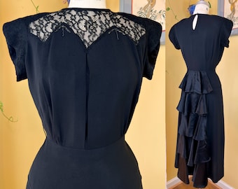 vintage 1940s dress // black rayon crepe + charmeuse satin 40s dress // sheer lace peekaboo neckline + tiered ruffle bustle-back