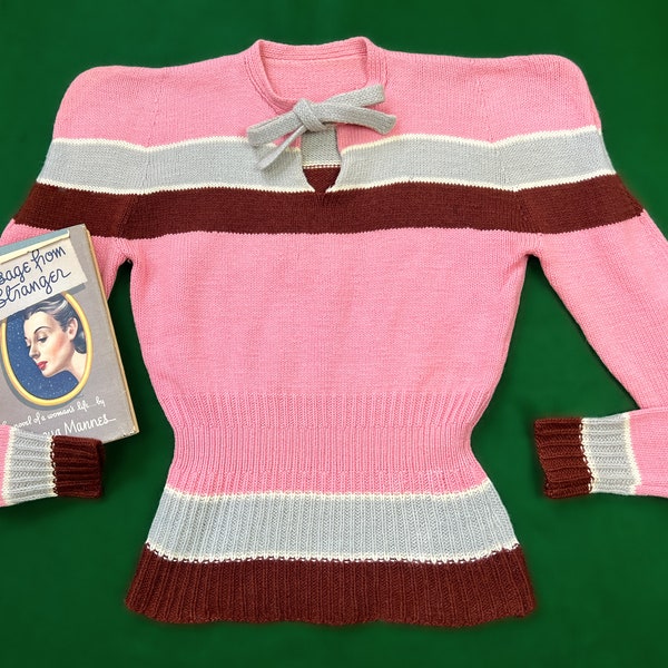 vintage 1940s sweater // pink, grey + brown color block striped 30s - 40s cusp sweater // kitten tie + fitted waist // size S - M