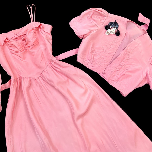 vintage 1930s gown set // rose pink taffeta 30s - 40s cusp party dress + trapunto embroidered puff sleeve bolero jacket // 31" waist