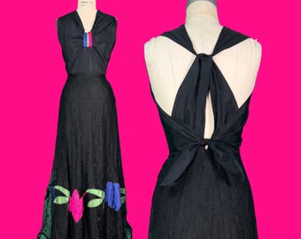vintage 1930s gown // black acetate + sheer rayon lace mid 30s deco party dress // floral appliqué + strappy back // 29" waist