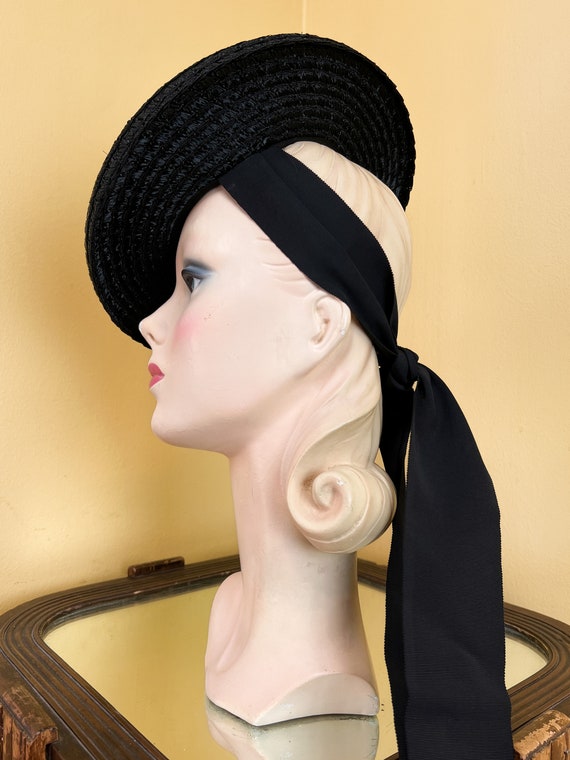 vintage 1940s hat // finely woven black straw + p… - image 4