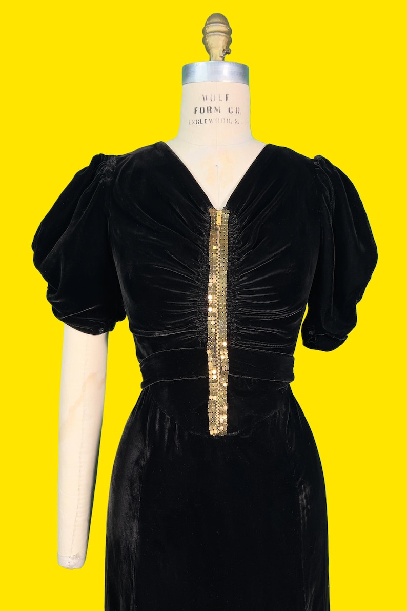 Vintage 1930s Dress // Black Silk Velvet Late 30s Coffin Pleated Puff ...