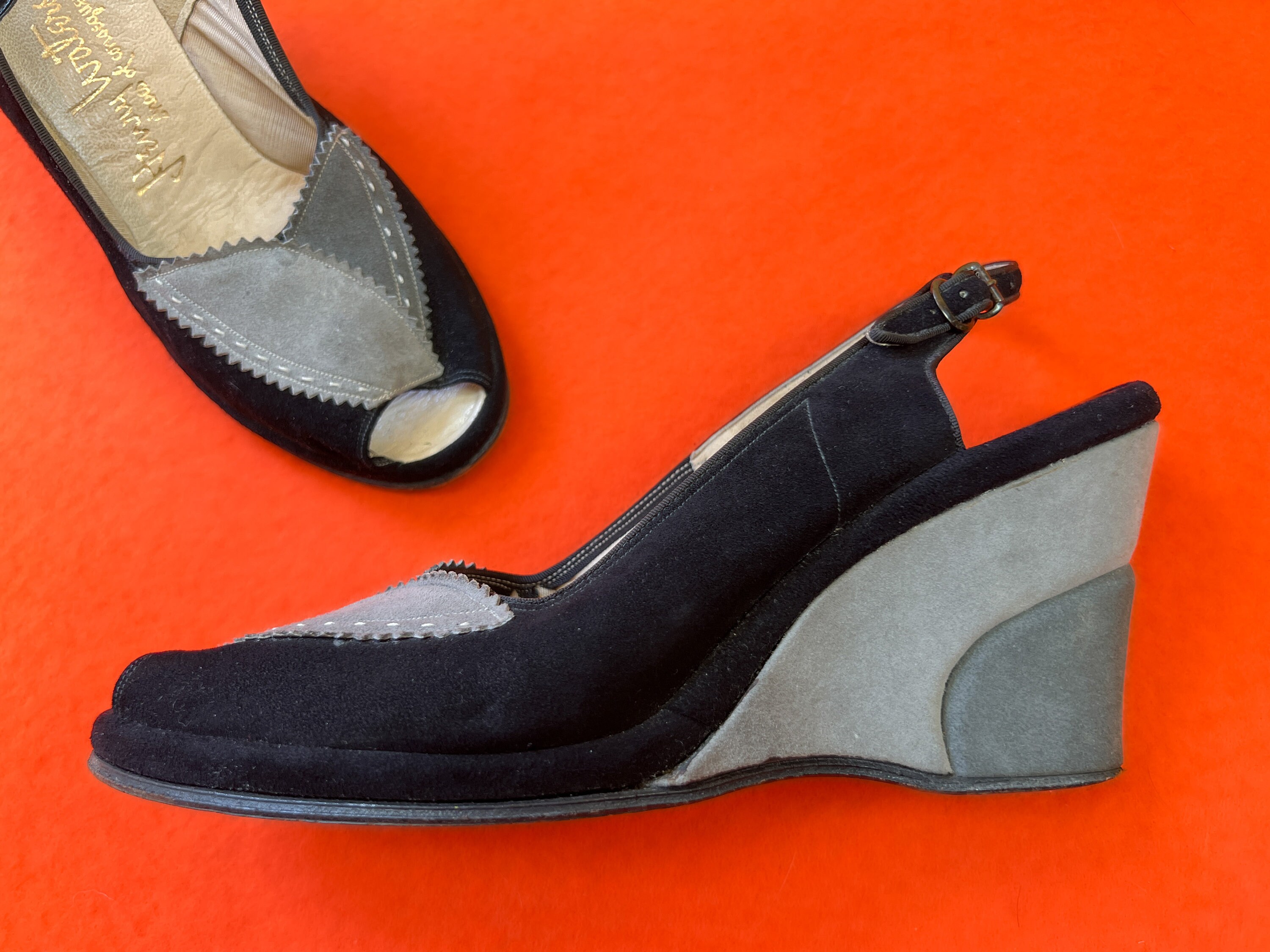 vintage 1950s wedges // black + grey color block suede peeptoe + slingback  early 50s shoes // size 8.5 US