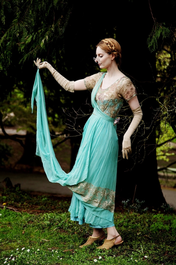 vintage edwardian gown // aqua silk chiffon + flo… - image 1