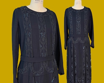 antique 1910s dress // midnight navy blue wool 19teens Edwardian dress // beaded car wash panel skirt // size S - M, 36" bust