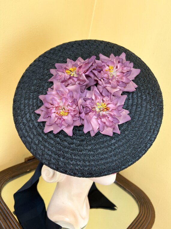 vintage 1940s hat // finely woven black straw + p… - image 8