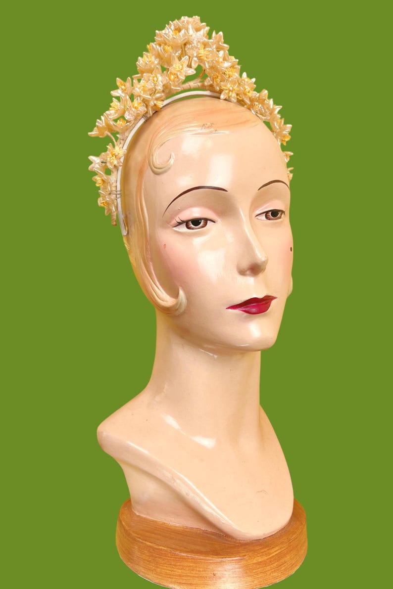 vintage 1920s bridal crown // tall face-framing halo pearly wax flower 20s wedding headdress image 3