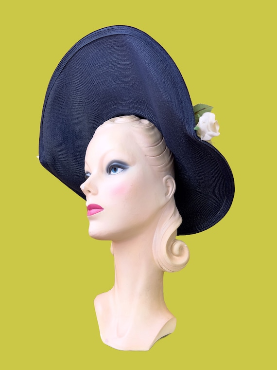 Vintage 1950s Henry Margu Hat Vintage 1950s Hat // Navy Straw + Giant White Silk Roses 50s  main image 4