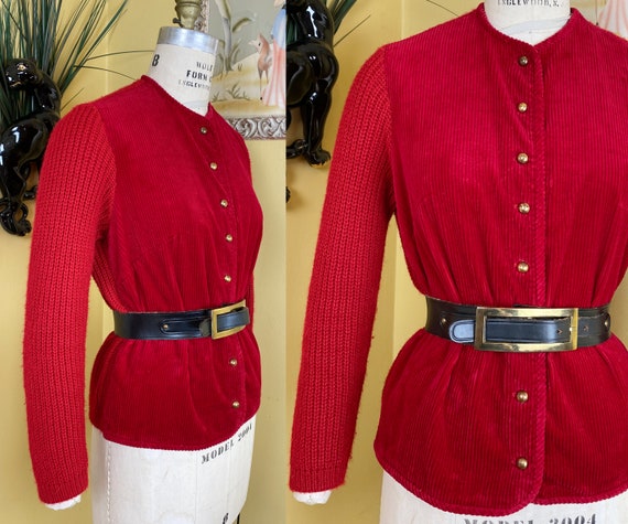 vintage 1950s sweater // bright red corduroy + chu