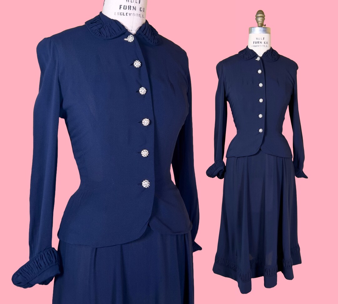 XS/S | 1940s Three-Piece Set in Navy and White Crepe Rayon