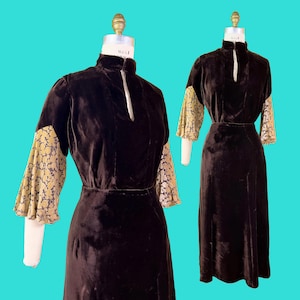 vintage 1930s dress // chocolate brown + gold silk velvet 30s deco cocktail dress // patterned devoré balloon-hemmed sleeves // size M - L