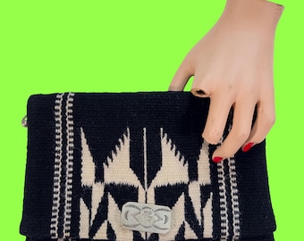 vintage 1940s purse // black + white woven wool Chimayo 40s handbag // clutch style with back strap + Talon zipper pocket
