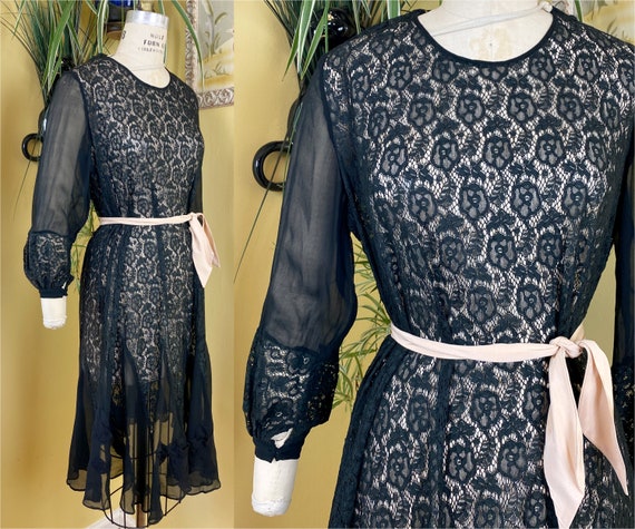 vintage 1920s dress // black cotton lace + silk ch