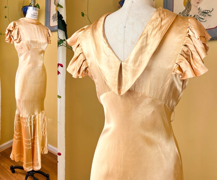 vintage 1930s dress // gleaming gold rayon satin 30s evening gown // bias  cut + flutter ruffle shoulders + dagger collar deep plunge back - Dresses