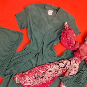 vintage 1940s dress // muted sage green rayon 40s dress // crystal pleated panels + booty drape // AS IS + priced gently // 24&quot; - 25&quot; waist
