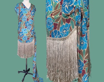 vintage 1920s dress // macro floral rose print silk 20s dress with extra long sash train + fringe // size ~M
