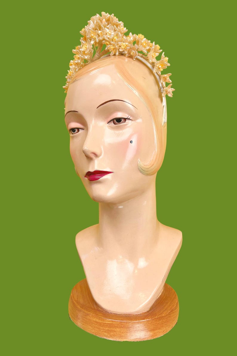 vintage 1920s bridal crown // tall face-framing halo pearly wax flower 20s wedding headdress image 5
