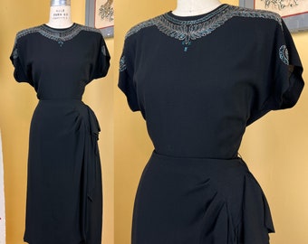 vintage 1940s dress // feathery glass beaded shoulders 40s black rayon cocktail dress // hip swag drape + padded shoulders // 32" waist