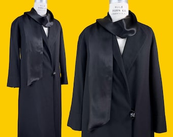 vintage 1920s coat // black wool deco 20s lightweight coat // deco seaming + attached silk satin shawl + killer buttons // size XS - S