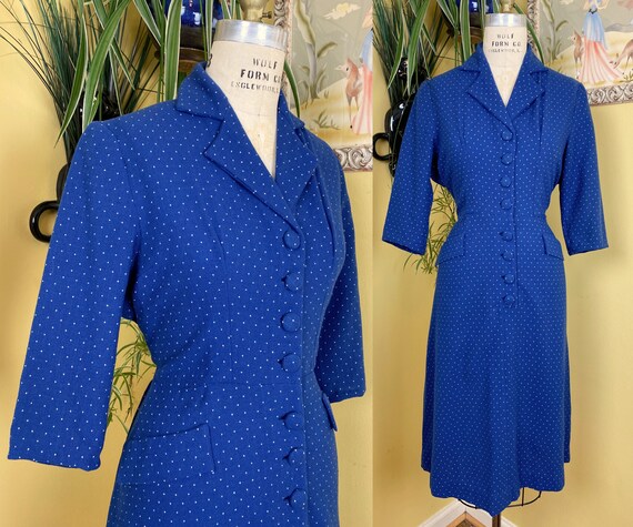 vintage 1950s dress // royal blue wool + white pol