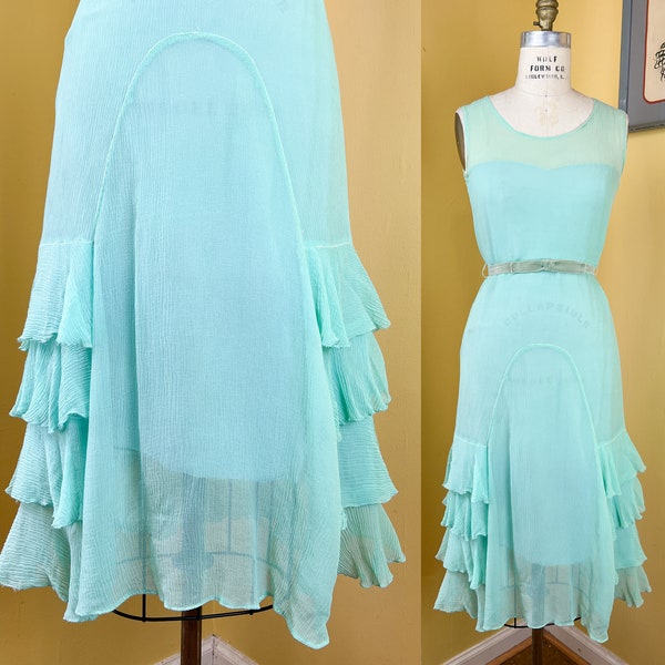 vintage 1930s dress // aqua tissue crepe silk chiffon early 30s deco dress // tiered ruffle skirt + matching belt + full lining // size S-M