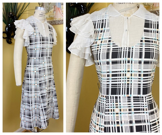 vintage 1930s dress // black, white + pastel plaid