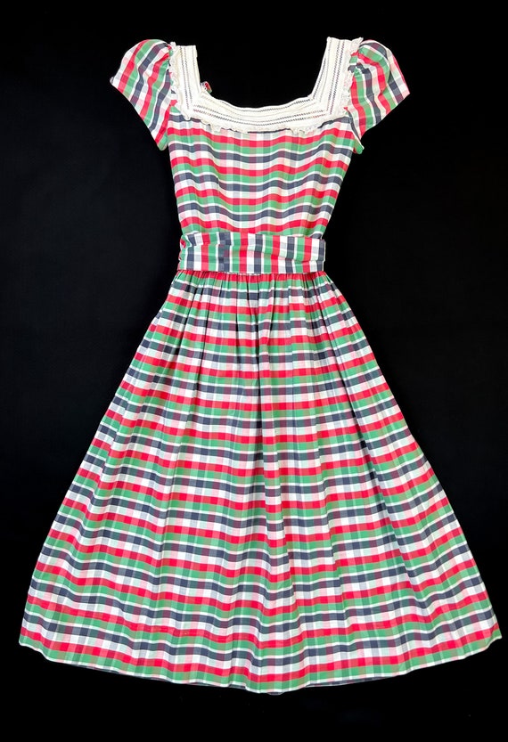 vintage 1940s dress // green, red, black + white … - image 6