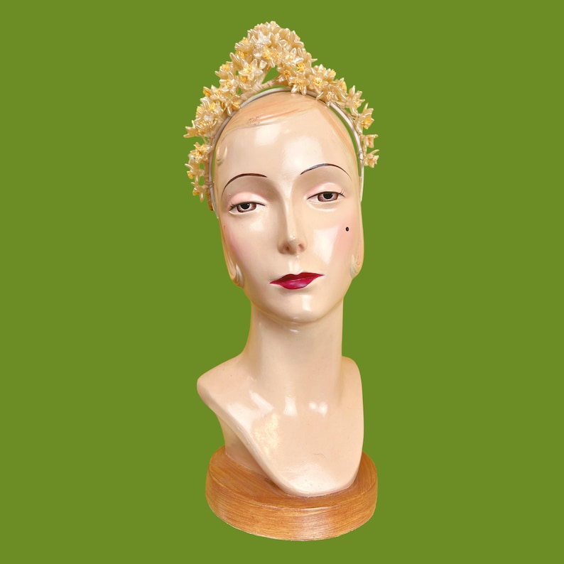 vintage 1920s bridal crown // tall face-framing halo pearly wax flower 20s wedding headdress image 1