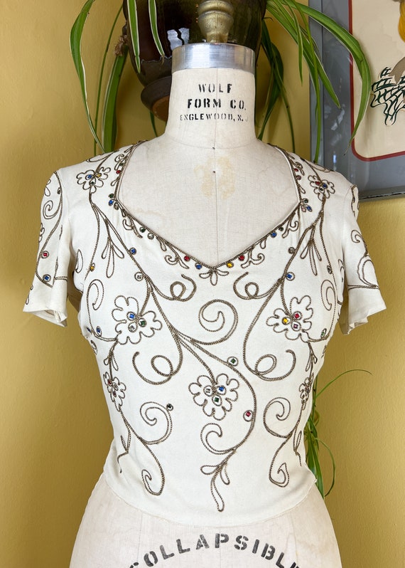 vintage 1940s blouse // cropped white rayon 40s c… - image 3