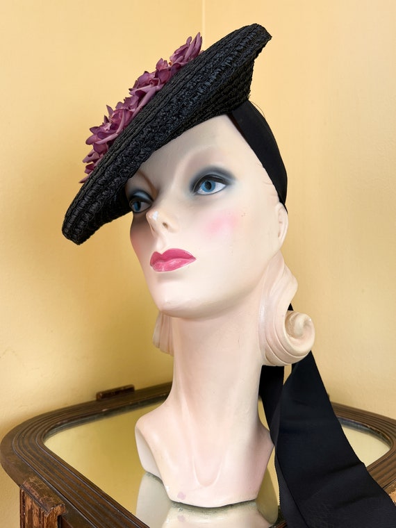 vintage 1940s hat // finely woven black straw + p… - image 5