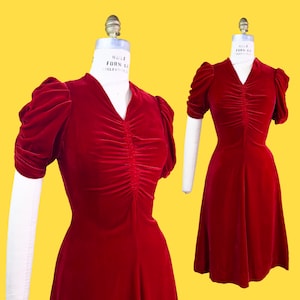 vintage 1930s dress // crimson red silk velvet 30s cocktail dress // shirred drape galore + butterfly puff sleeves // petite size M, 28&quot; w