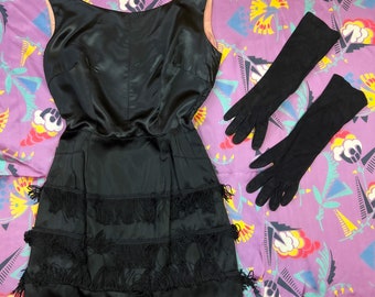 vintage 1950s dress // shiny black satin + tiered fringe skirt 50s cocktail dress // curvy wiggle cut // AS IS + gently priced // 27" waist