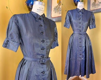 vintage 1940s dress // GLEAMING silver lamé + blue rayon striped late 40s cocktail dress // padded shoulders + full flirty skirt