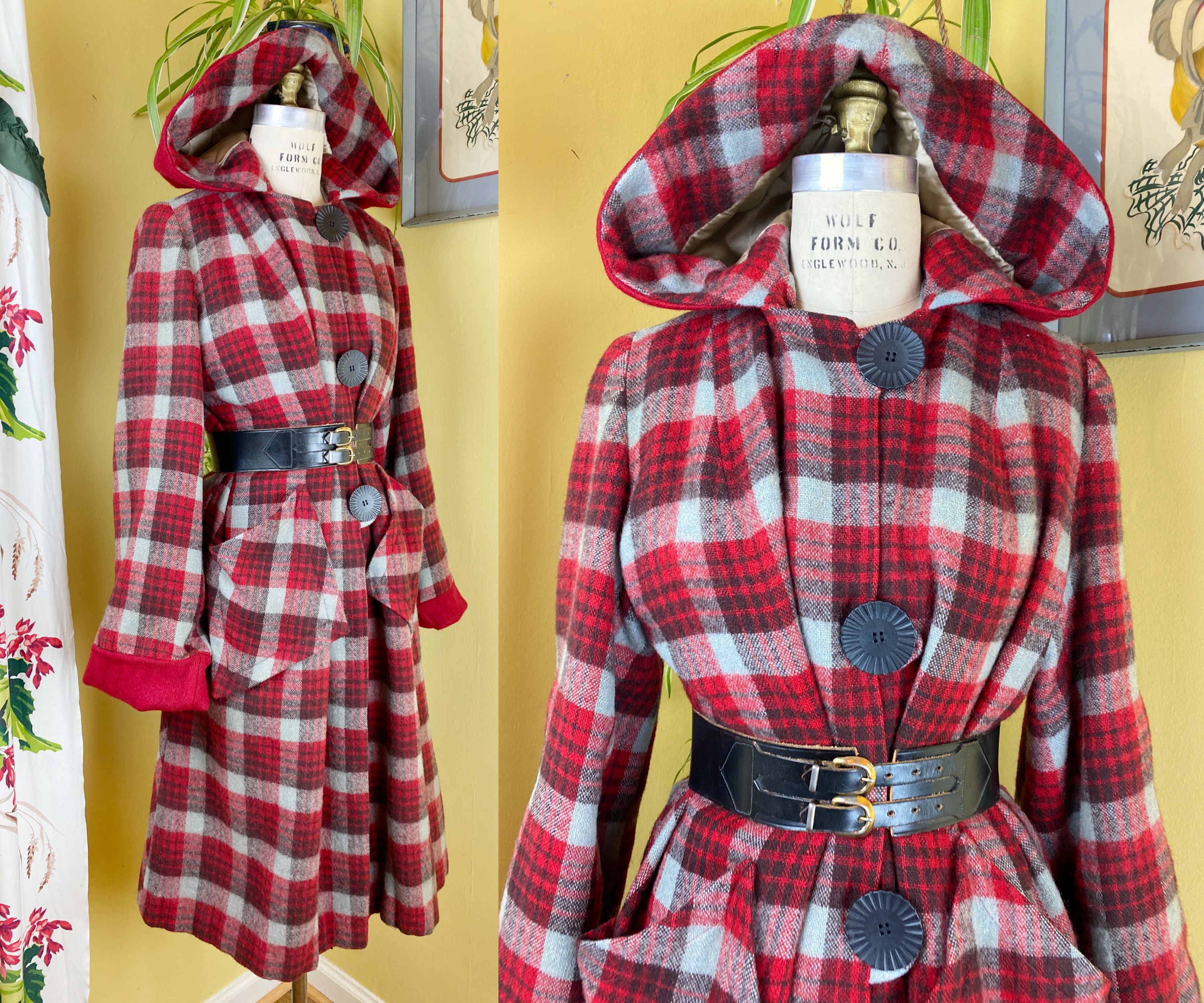 Real Vintage Search Engine Vintage 1940S Coat  Hooded Red  Grey Plaid Tartan Wool 40S - 50S Cusp Solid Hood Cuffs Gigantic Buttons Pockets $310.00 AT vintagedancer.com