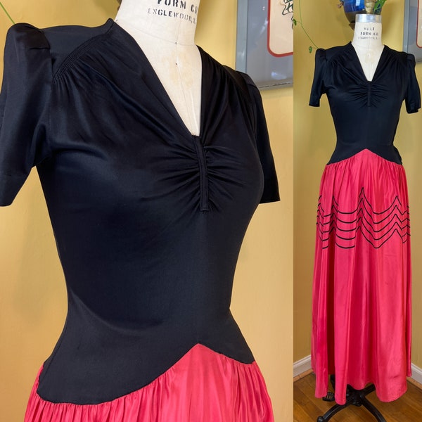 vintage 1930s gown // black rayon jersey + red taffeta color block rayon 30s - 40s cusp party dress // peaked shoulders + shirred drape