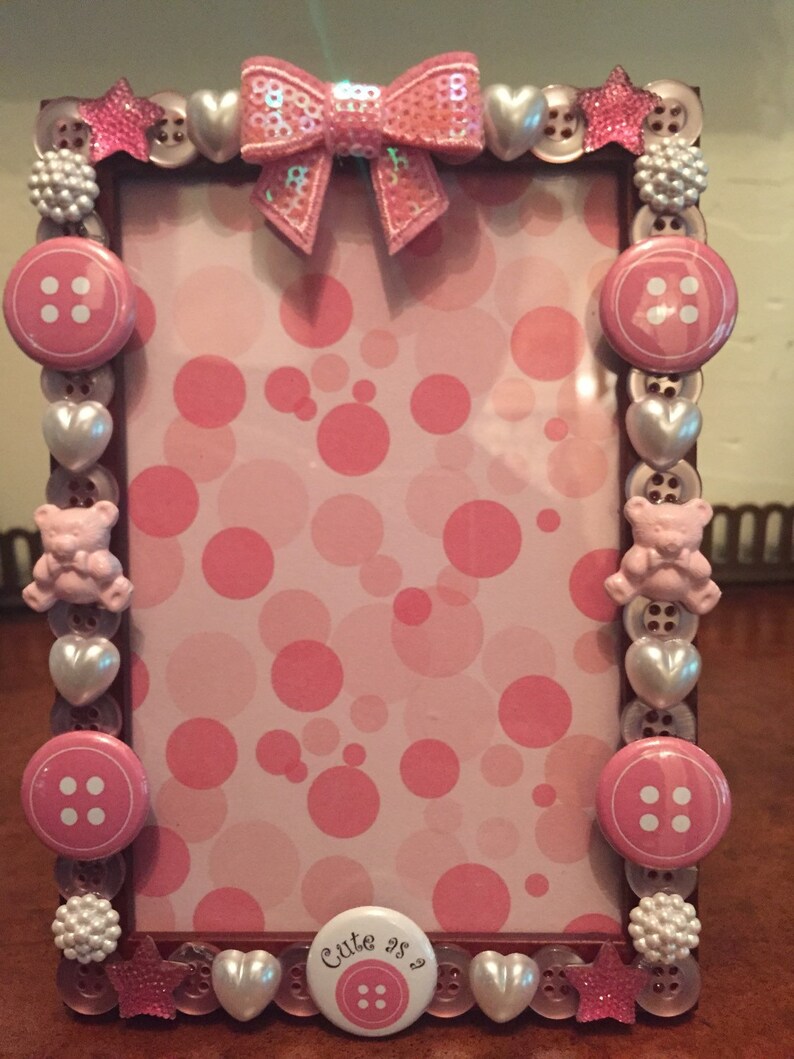 Cute as a Button baby frame holds 4 by 6 photo with monogram option
