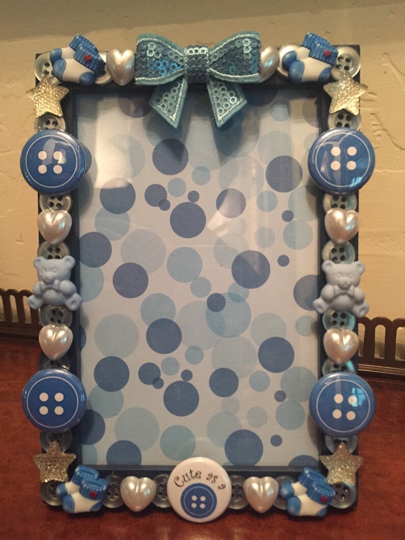 Cute as a Button baby frame holds 4 by 6 photo with monogram option