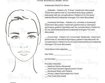 May include: A white treatment plan form with the text "Treatment Plan" and "Your Business Name Here." It includes sections for client information, addressed sites for Botox, and a facial diagram. The form also has sections for notes and signatures.