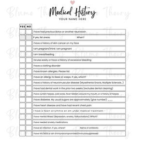 May include: A white medical history form with the text "Medical History" and checkboxes for various health conditions. The form includes sections for client information and a list of medical questions.
