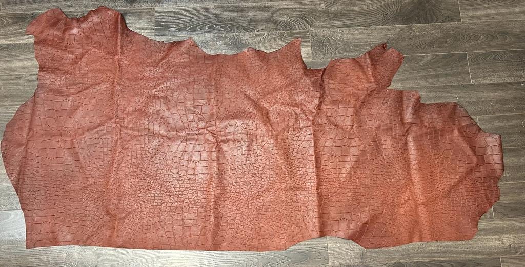 19 Sq.ft Leather Cognac Brown Tumbled Croco Embossed Cow Leather Skin ...