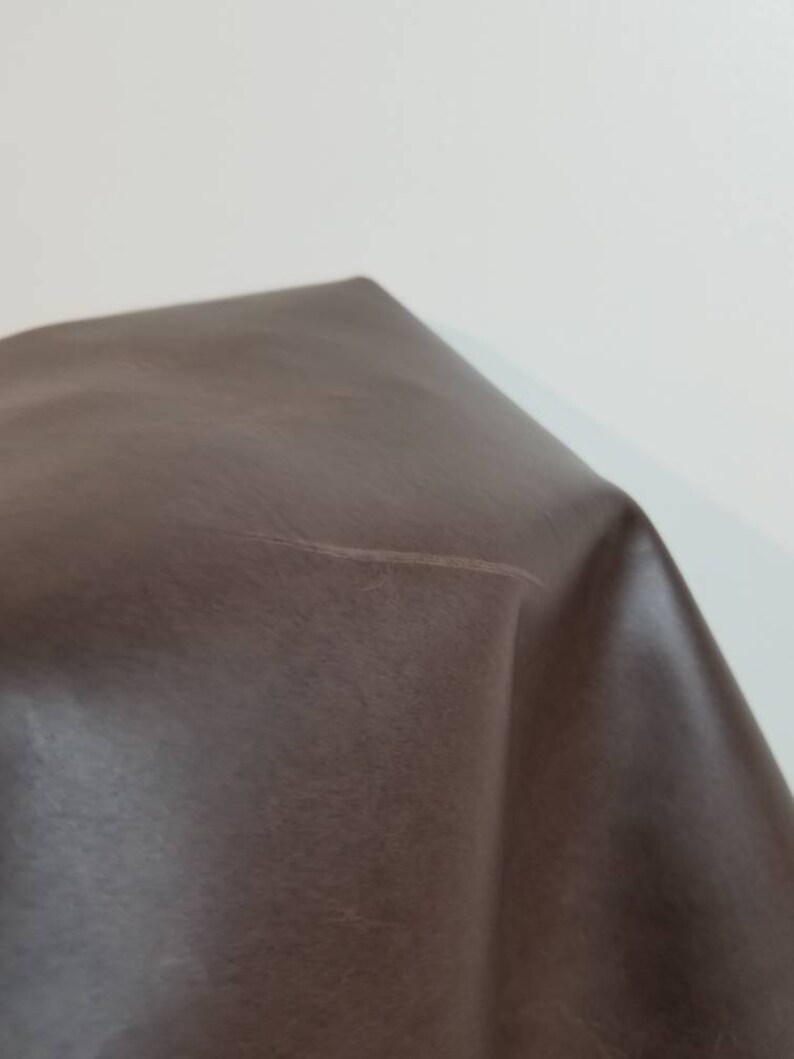 May include: A close-up of a brown leather surface with a slight crease. The leather has a smooth, textured appearance.