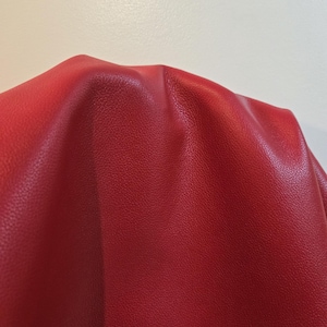 Può includere: Primo piano di un materiale in pelle rosso vibrante. La pelle ha una superficie strutturata ed è piegata, creando ombre e riflessi. Il colore è un rosso intenso e ricco, che suggerisce un materiale di alta qualità.