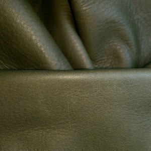 May include: Close-up of a dark green leather fabric with a textured surface. The fabric is folded and draped, showing the texture and folds.