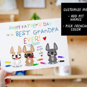 Beste Opa Karte, personalisierte Vatertagskarte von den Hunden, 3 Frenchies, Haustiernamen hinzufügen, Hundegroßvater Karte, Opa Geschenke Hund Vatertag