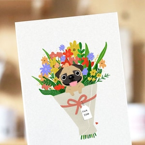 Mops Blumenstrauß Valentinstag Karte, Mops Karte, Mops Valentinstag, Hundekarte, Valentinstag, süße Mops Valentinstag Karte, Mops Mutter Karte, Möpse