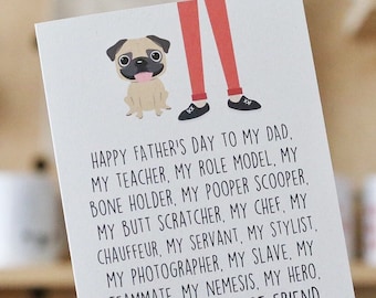 Pug Dad - Dad Servant Father's Day Card - Pug Father's Day by French Bulldog Love - Handmade Pug Greeting Card - Pug Card for Dog Dads